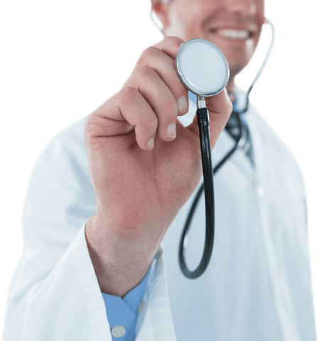 Transparent doctor holding stethoscope with smile