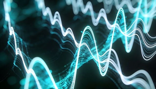 Neon waveform streams of cyan and teal light trails flowing through dark digital space