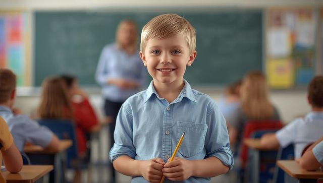 Happy Child Holding Pencil in Classroom Ready for Learning
