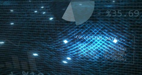 Holographic data visualization hud over glowing blue mesh with floating nodes