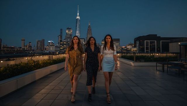 Three women walking on rooftop terrace at dusk with city skyline and string lights