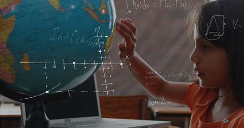 Curious Girl Exploring Globe with Mathematical Concepts Overlay - Download Free Stock Images Pikwizard.com