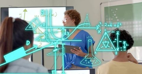 Teacher holding tablet teaching cosine graph with neon math overlays in modern classroom