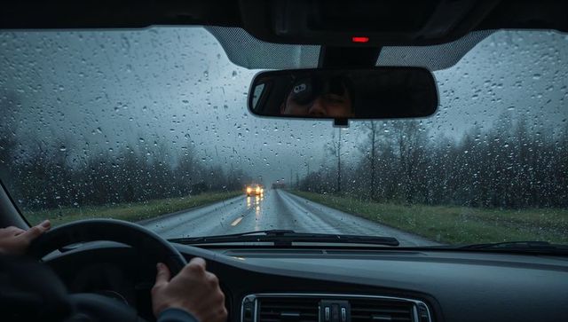 Driving through rain at dawn gripping wheel on wet rural two-lane road with headlights