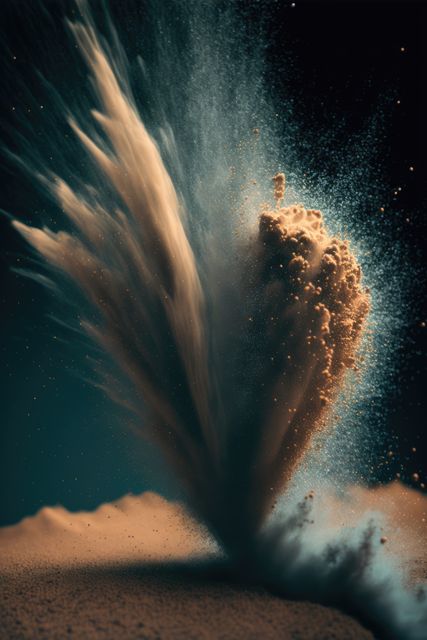 Magnified particles in air during explosion of yellow powder created using generative ai technology. Energy and suspension of microscopic particles moving in air concept.