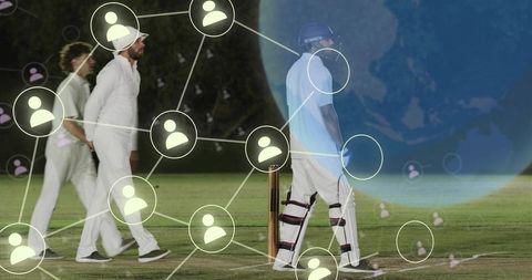 Cricketer walking at crease wearing helmet and pads with digital network globe overlay