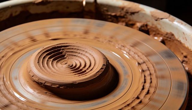 Spinning wet clay forming spiral ridges on pottery wheel turntable in ceramics studio