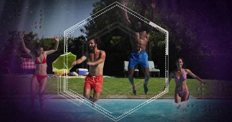 Friends jumping into backyard pool on sunny day with retro glitch overlay and hex frame