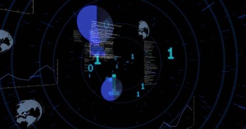 Radar visual displaying cyber streams, binary code and globe icons for analytics dashboard ui