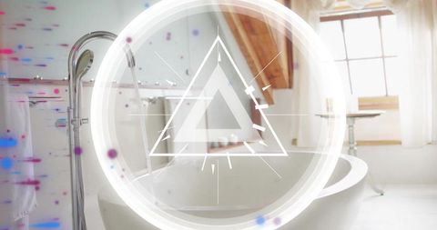 Modern Bathroom with Freestanding Tub and Graphic Overlay