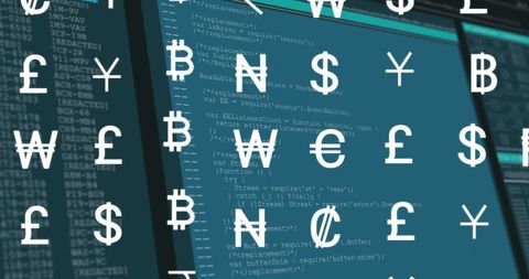 Currency symbols overlaying code for finance and technology