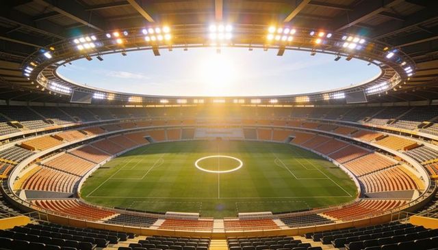 Sunlit oval stadium bowl with empty soccer pitch, ring floodlights and modern roof