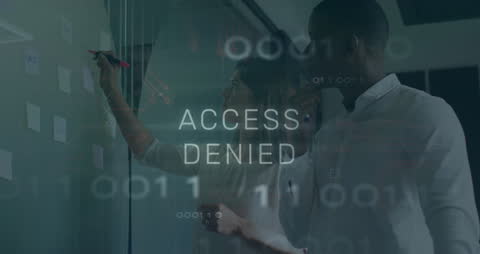 Access Denied Overlay on Team Strategy Session with Binary Code Blend