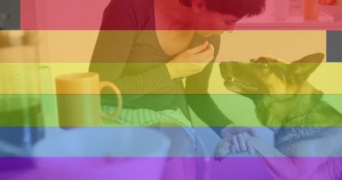 Pride Rainbow Overlay on Woman with Dog in Cozy Kitchen