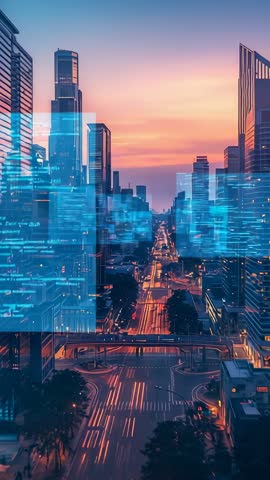 Vertical video futuristic city skyline with light trails and digital data overlays