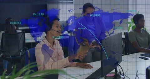 Headset agent training in call center with supervisor guiding using digital world map