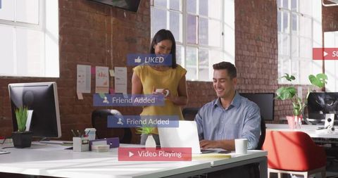 Young professionals collaborating in modern brick-interior office with social media overlay
