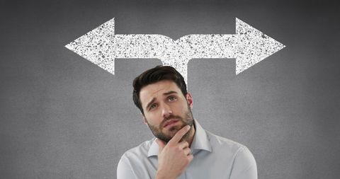 Pensive Man Contemplating Under Arrows Symbols