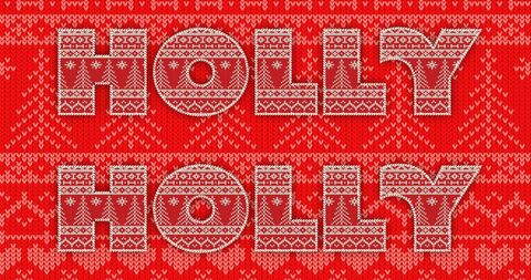 Festive holly text with nordic knit design on red background