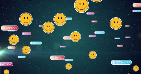Falling social media icons and emojis over dark background