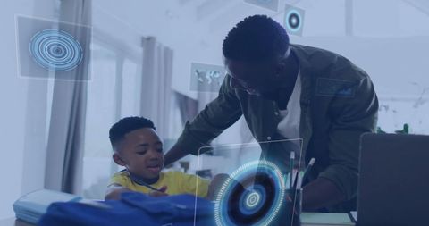 Father and Son Discussing Technology with Digital Overlays