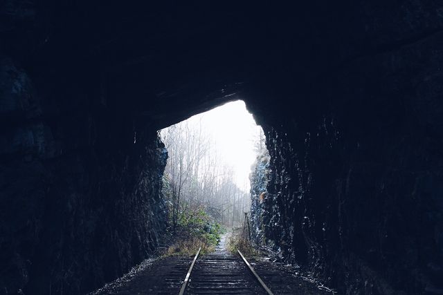 Old railway tunnel with rusty tracks disappearing into dark interior, overgrown vegetation at entrance. Great for themes of mystery, adventure, urban exploration, or nature reclaiming human-made structures.
