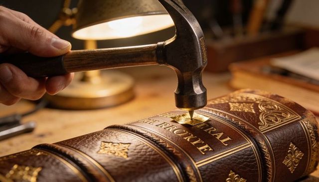 Artisan hammering brass plate into ornate leather book spine, gilding and tooling craft