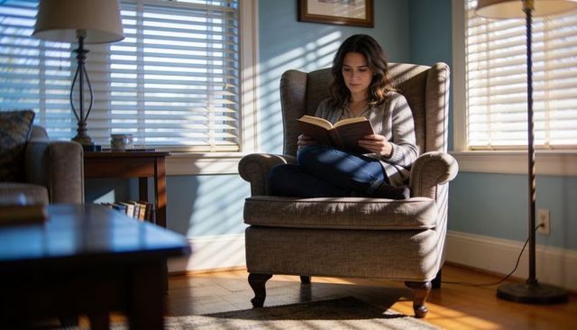 Woman reading in sunlit living room on cozy wingback chair, relaxing with paperback novel