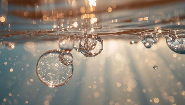 Sunlit Underwater Bubbles Floating with Microbubbles, Golden Bokeh and Sparkling Rays