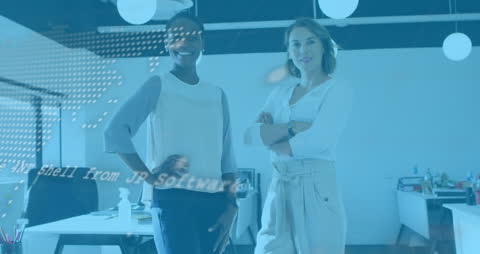 Diverse Business Professionals in Modern Office with Digital Overlay