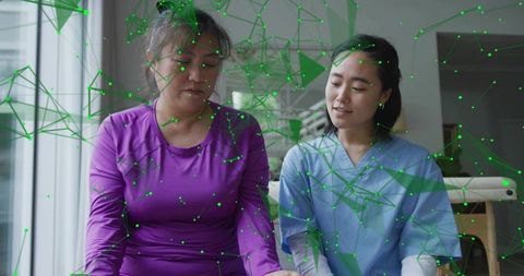 Patient receiving rehabilitation with clinician using augmented reality network overlay