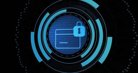Digital security concept with padlock and card graphics