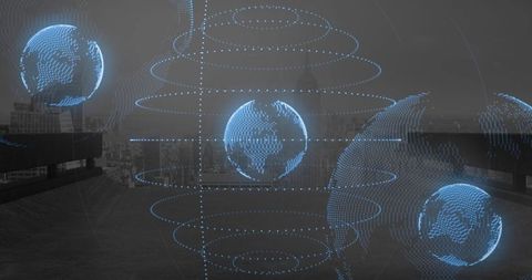 Holographic Globes on Urban Rooftop Overlooking Skyline