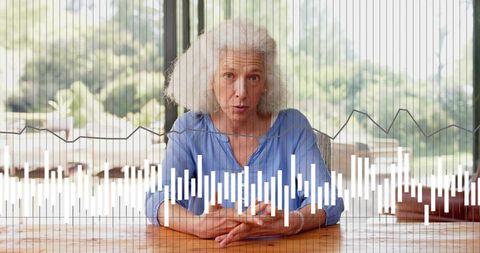 Senior woman speaking on video call with voice waveform overlay, remote communication
