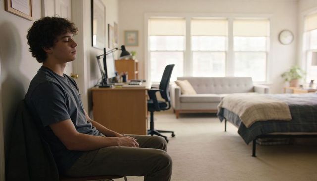 Young man resting on chair in cozy bedroom with desk, sofa, bed and natural light