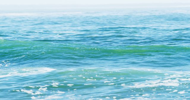 The image showcases calm ocean waves under bright daylight. The waves show subtle ripples in varying shades of blue and are illuminated by soft sunlight reflecting off the water surface. Perfect for summer beach themes, travel brochures, environmental campaigns, or backgrounds needing serene and natural aquatic scenery.