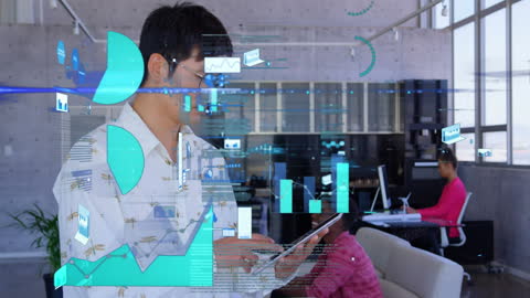 Business Professionals Analyzing Data with Holographic Technology in Modern Office