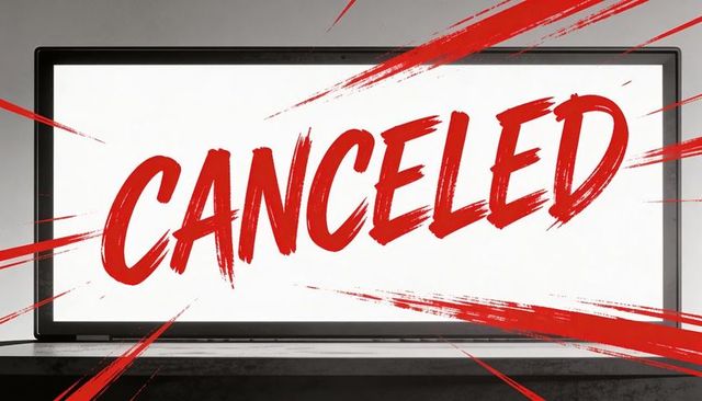Displaying canceled red brushstroke across widescreen monitor for cancellation notice