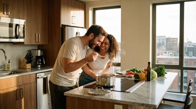 Couple tasting spoon while cooking and laughing at marble kitchen island in sunlit loft