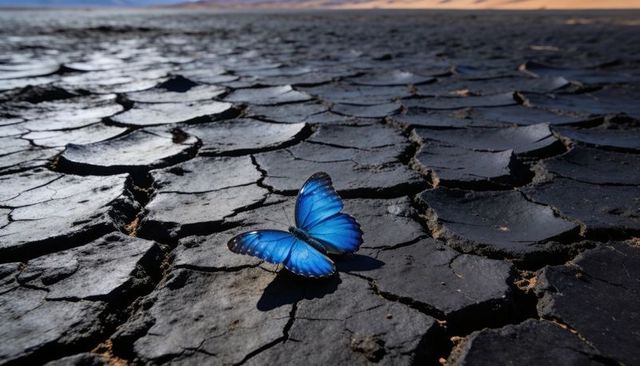 Blue morpho butterfly resting on cracked lakebed, sunlight highlighting iridescent wings