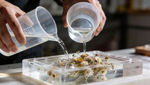 Artisan pouring clear epoxy resin over dried daisies in rectangular casting mold on bench