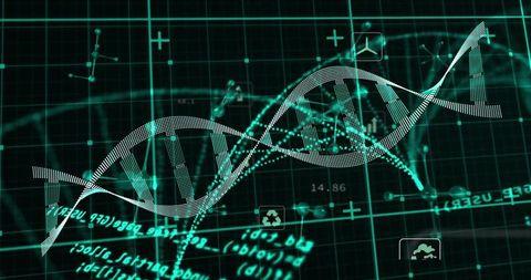 Rotating dotted DNA helix over neon teal grid visualizing genomics data and network analysis