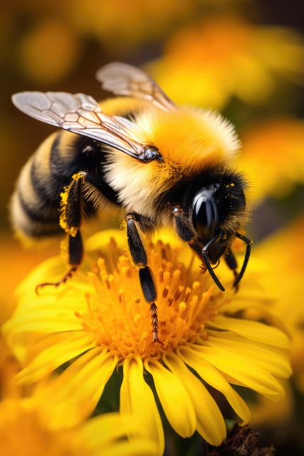 Close up of bee on yellow flower in nature, created using generative ai technology. Feeding, insects, nature, summer and wildlife concept digitally generated image.