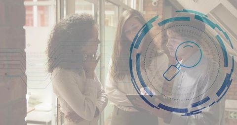 Business Team Presenting Tablet with Futuristic HUD Overlay for Digital Collaboration