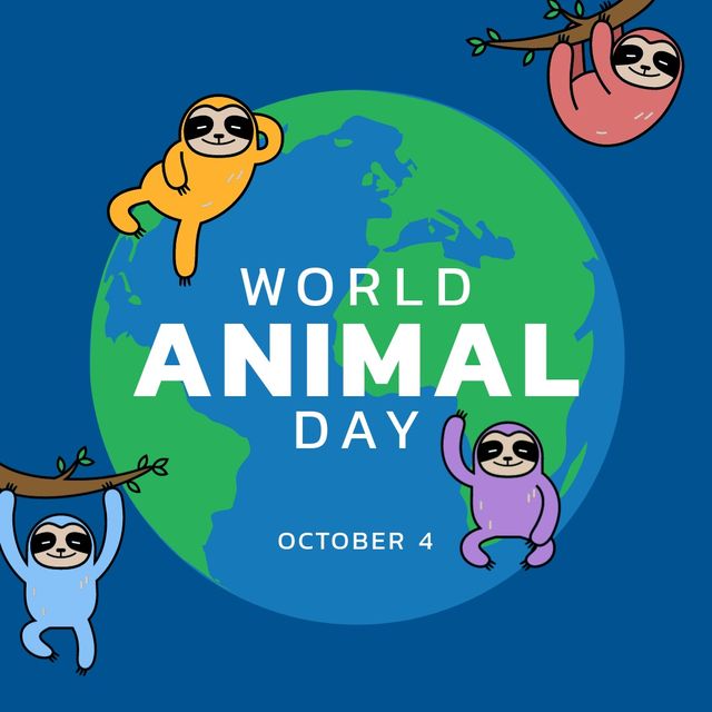 Square image of world animal day text with four sloths and globe. World animal day campaign.