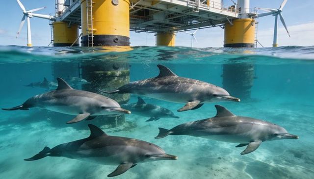 Swimming bottlenose dolphin pod cruising under offshore wind platform with yellow supports