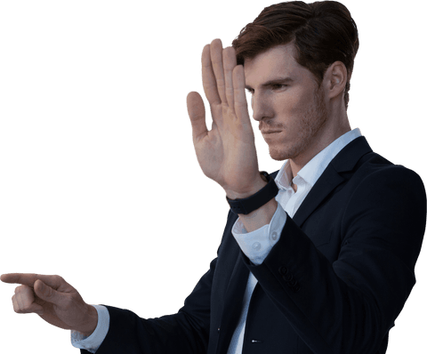 Businessman using virtual touch screen on transparent background