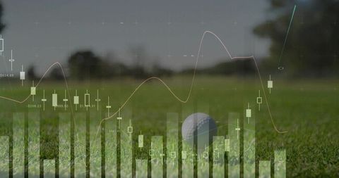 Golf ball on putting green with financial charts overlay showing market trends analytics