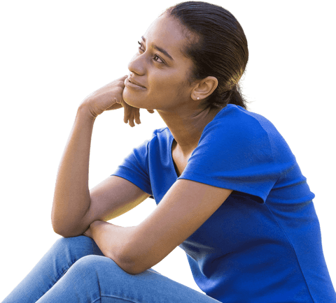 Thoughtful young woman looking away in blue shirt transparent background