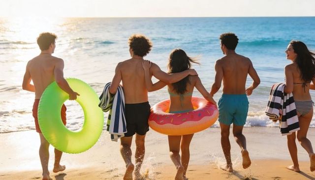 Friends walking toward ocean at golden hour with neon float rings and striped towels